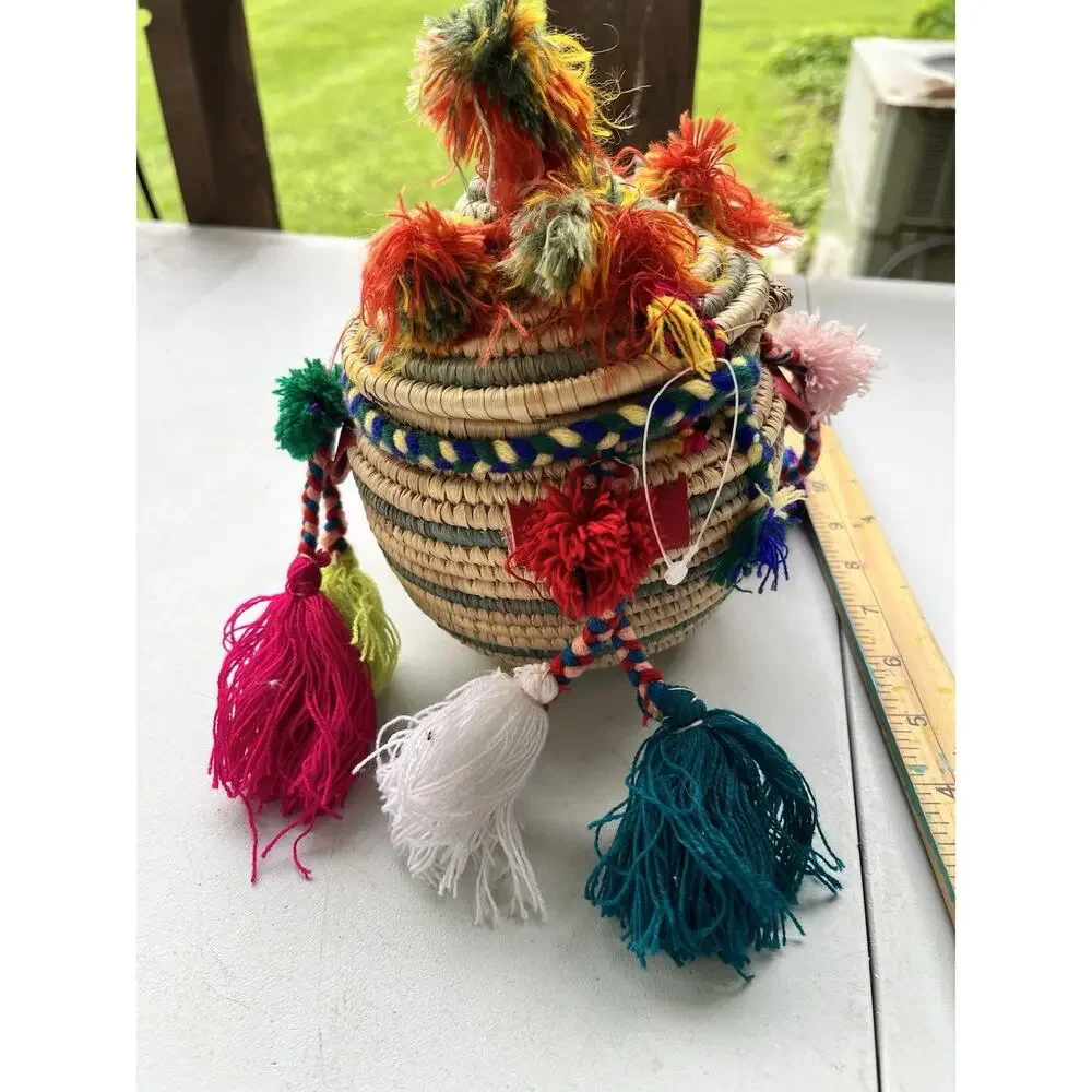 Moroccan handmade straw Lidded Baker pom poms, Boho Folk Art Raffia box
